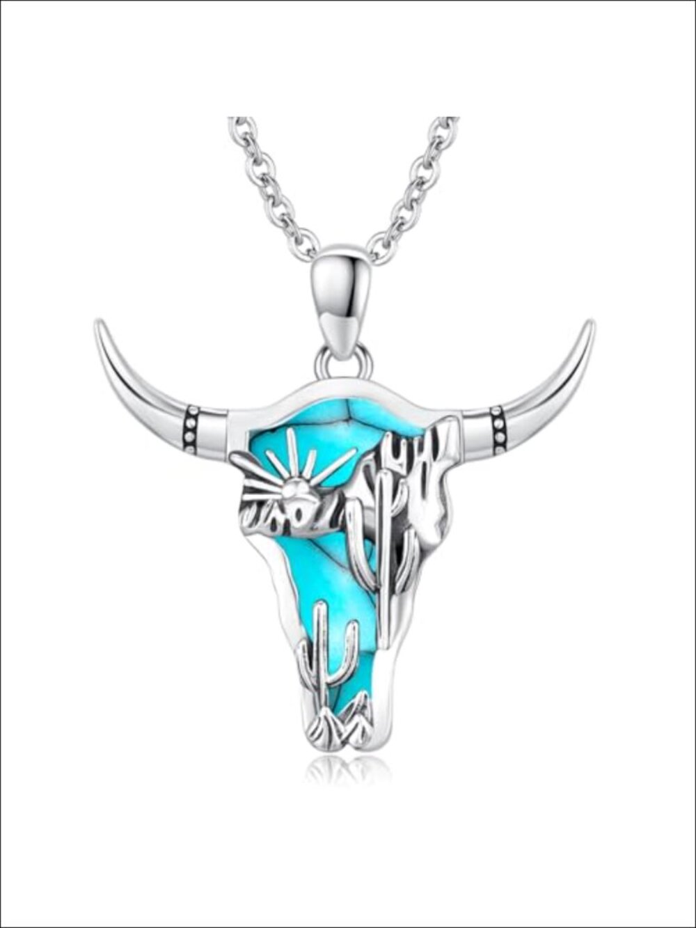 Sterling Silver Turquoise Cow Skull Pendant Necklace Western Cowgirl Jewelry